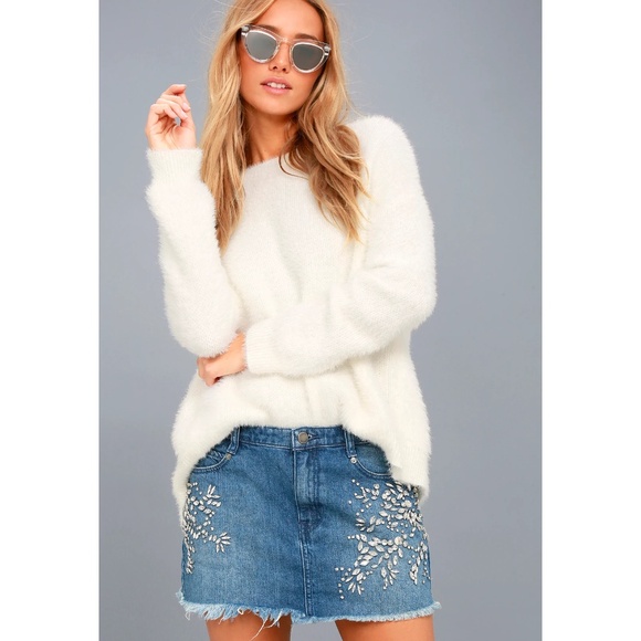 FP Shine Bright Shine Far Medium Wash Denim Rhinestone Mini Skirt sz 4 NWT - Picture 5 of 9